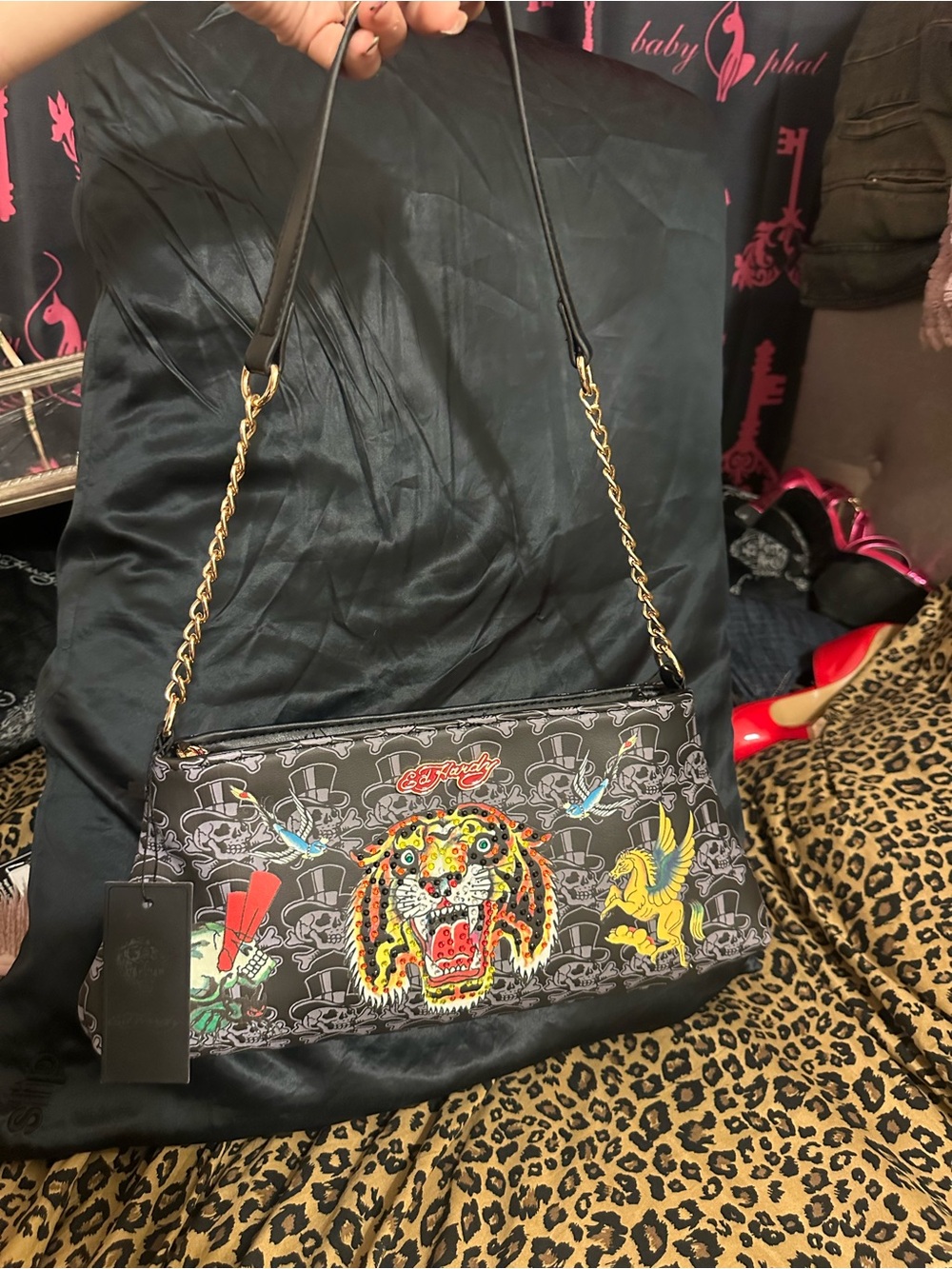Ed Hardy Black Satchel with Multicolor Tiger and Yellow Pegasus / brand new